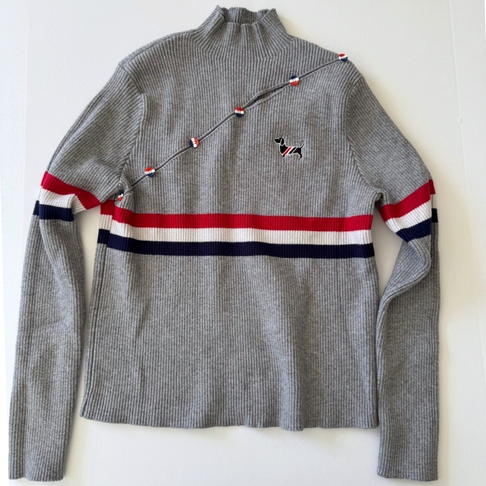 Gray Ribbed Color Block Mock Neck Sweater Preppy Scottie Dog K-Style